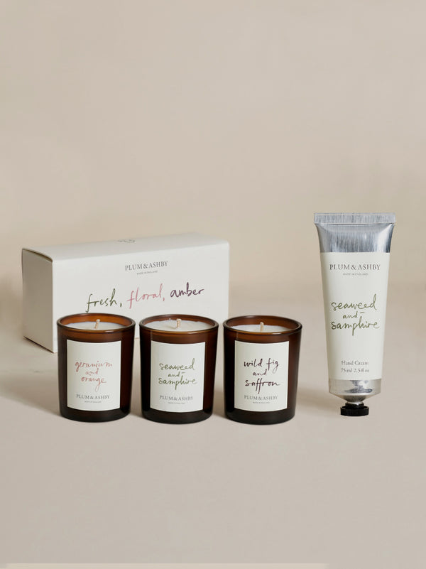 Floral, Herby, Amber Votive Trio & Seaweed & Samphire Hand Cream